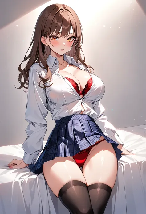 10th Generation,A beautiful woman,Beautiful breasts,Tight waist,Moe,Brown Hair,A short white button-up collared shirt,Red, flashy, front-hook satin bra,Red satin panties,Pleated skirt with dark blue plaid pattern,Black knee-high socks,Show off your body,Pr...