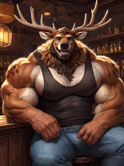 a man with a huge muscle, furry deer wearing ((pants and tank top)), brown furr, sitting in bar, ((muscular, sixpack)), happy, laugh, bearded , thicc, lowres, giant and muscular, danbooru and artstation, heavy detailed, insanely inflated hips, proportional...