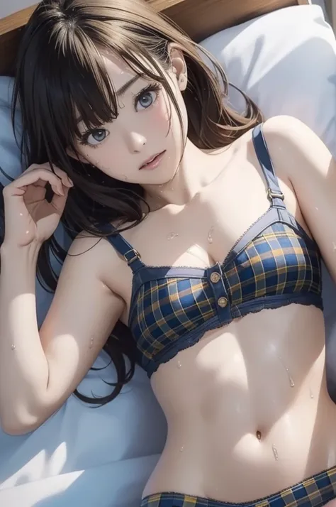 nsfw, The upper part of the body、an oil painting、​masterpiece、top-quality、hight resolution、Yellow medium hair、Sleeping in bed、Naughty look、Black and light blue plaid bra、Button is disconnected、Black and light blue plaid panties、Bending legs、Female face、Hot...