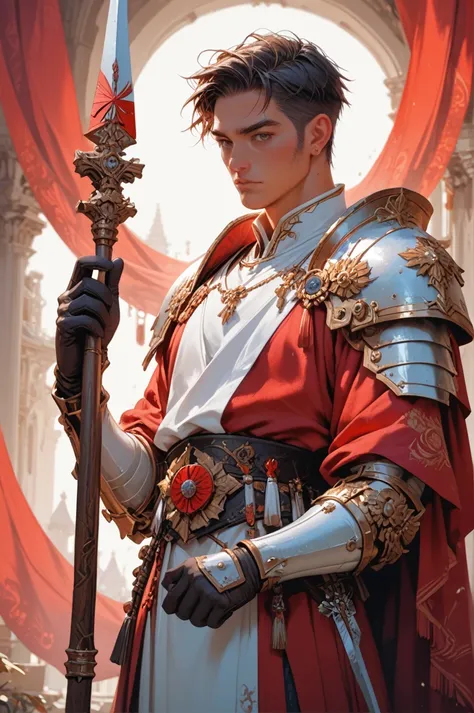 Fraction_9, Fraction_8_up, Fraction_7_up, Fraction_6_up, Fraction_5_up, Fraction_4_up,1 boy, old, short hair, Solitary, holding spear, Gloves, Armor, Red Theme,