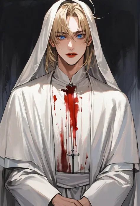 Blond boy with clear blue eyes，Priest white robe，There are blood stains on the white robe，Realism， crazy，meticulous，16 years ago