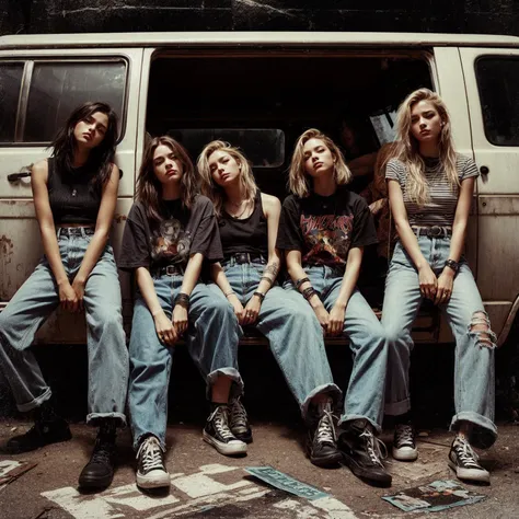 a visually striking five female member band photo in a gritty, urban setting. The band should be seated in a rugged van or similar backdrop, evoking a raw, rebellious vibe. Emphasize a cool, laid-back attitude with casual clothing, such as graphic tees, je...