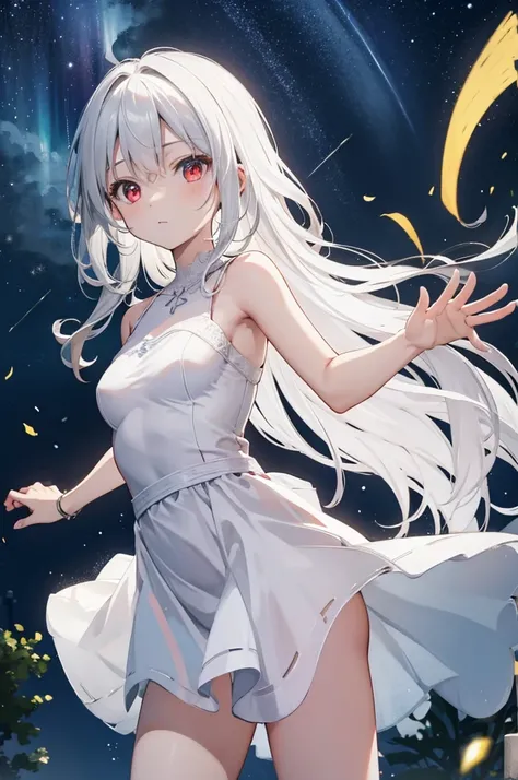 (masterpiece:1.3), (best quality:1.2), (8k, ultra detailed, ultra high res:1.3), anime style, perfect 5 fingers, perfect anatomy, 
1girl, small breasts, long hair, wavy hair, white hair, BREAK red eyes, sundress, (white dress:1.5), looking at viewer, shoot...