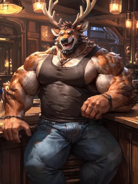 lindong, lucusold, a man with a huge muscle, furry deer wearing pants and tank top, brown furr, sitting in bar, ((muscular, sixpack)), happy, laugh, bearded , thicc, lowres, giant and muscular, danbooru and artstation, heavy detailed, insanely inflated hip...