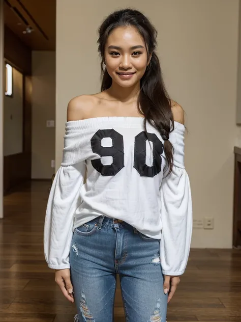 90 degree wide angle photo.Thai woman with long Half up half down hair, 45 years old, beautiful smile, (black.Off shoulder Sleeve. It has letters that say People, no one..and is wearing Distressed jeans)Wear white sports shoes. Standing still and still.Act...