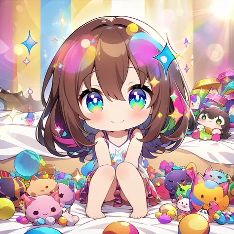 masterpiece, best quality, 4k、2D illustration、one beautiful girl、solo、(((chibi style)))、((vivid colors))、cute chibi、lovely chibi、long beautiful hair, glossy brown hair, hair between eyes, cute、beautifully detailed eyes、((tank top))、((miniskirt))、((colorful...