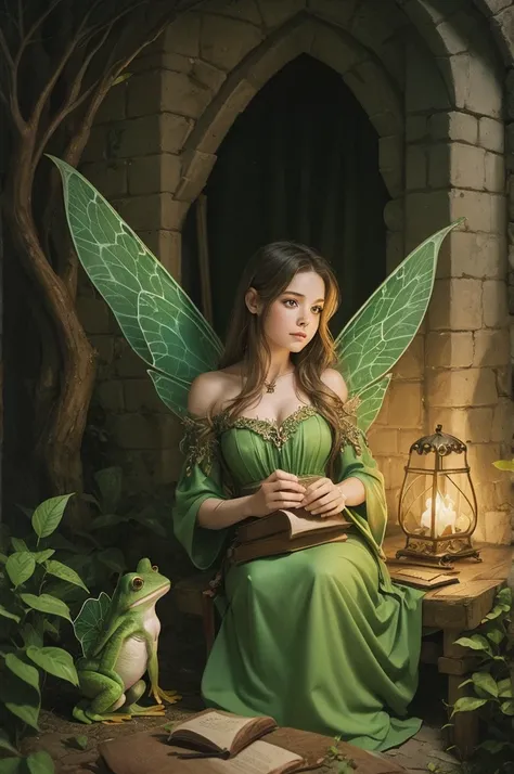 Fairy illustration with frog on her lap, 80s medieval dark fantasy style