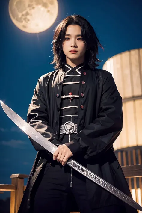 Anime character with long hair holding a sword in front of a full moon, cute face in Demon Slayer art, Kimetsu no Yaiba, inspired by Demon Slayer, Yoriichi Tsugikuni, Demon Slayer Artstyle, Demon Slayer anime image, Tanjiro Kamado