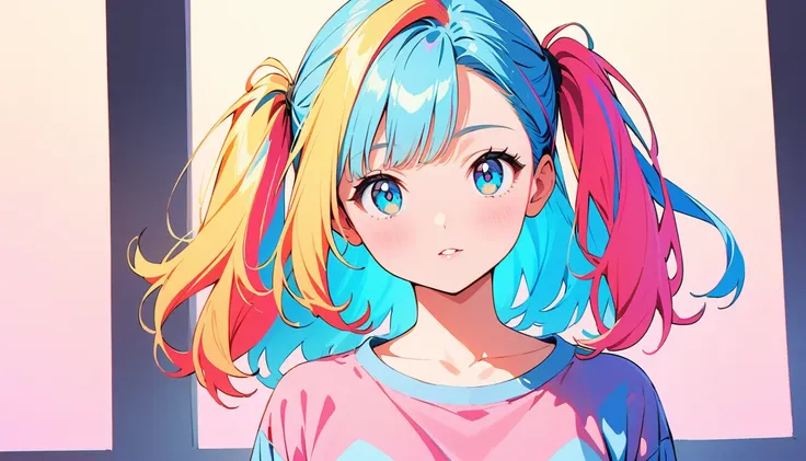 (Highest quality:1.2, City Pop Style, Very detailed, Latest, Vibrant, High Contrast, masterpiece:1.2, Highest quality, Best aesthetics), girl, ((Face Up Shot:1.4)), Colorful Hair, pastel colour, 1980s style, ((Retro, Vintage, Plain background))