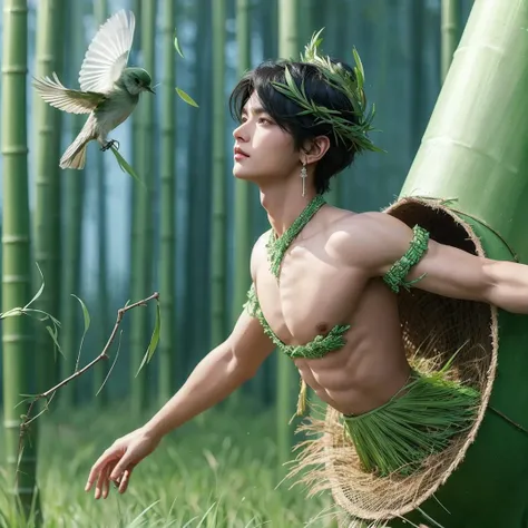 Handsome boy, black hair, brown eyes, wearing green grass crown wearing green grass loin cloth, green bamboo