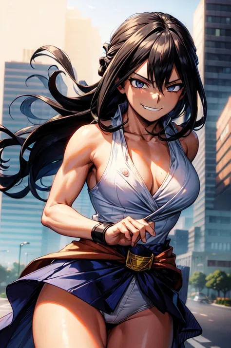 (masterpiece, best quality:1.4), cinematic light, colorful, high contrast, (1girl), NanaShimura, boku no hero academia, black hair, long hair, [folded ponytail:0.5], (large breasts), blue eyes, sleeveles, hair between eyes, belt, city, smirk, clothes off, ...