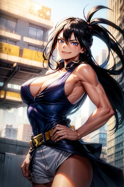 (masterpiece, best quality:1.4), cinematic light, colorful, high contrast, (1girl), NanaShimura, boku no hero academia, black hair, long hair, [folded ponytail:0.5], (large breasts), blue eyes, sleeveles, hair between eyes, belt, city, smirk, clothes off, ...