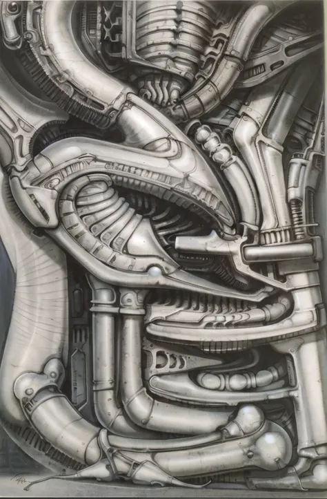 g1g3r, The image is a detailed view of H.R. Gigers " Biomechanical Landscape No II " plate, featuring a complex network of bones and organs in a purple-brown hue ,swirling gray and brown colors. The artwork is silver and purplish brown, with an ivory bones...