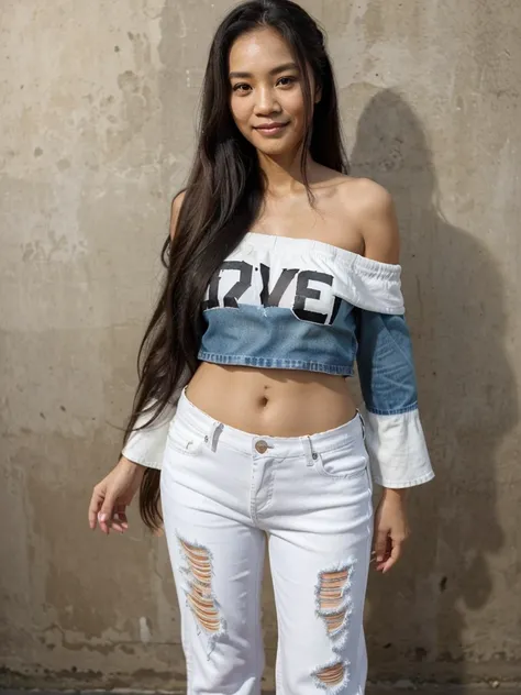 90 degree wide angle photo.Thai woman with long Half up half down hair, 45 years old, beautiful smile, (black.Off shoulder Sleeve. It has letters that say People, no one..and is wearing Distressed jeans)Wear white sports shoes. Standing still and still.Act...