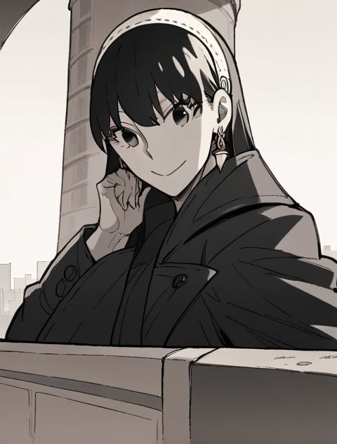 score_9, score_8_up, score_7_up, source_anime,
yorbriar, yor briar, black hair, earrings, white hairband, hairband, long hair, sidelocks, monochrome, greyscale,
coat, trench coat,
outdoors, cityscape, smile,
looking at viewer, cowboy shot, dutch angle, sol...