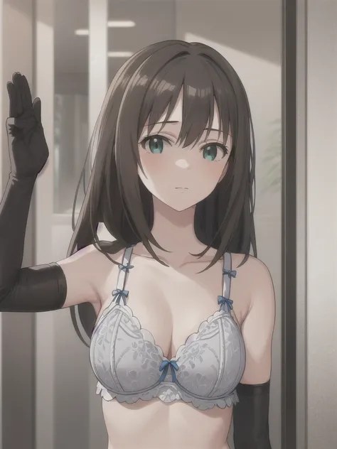 (masterpiece, best quality:1.2), 1girl, looking at viewer, waving, long hair, ((lingerie, elbow gloves))