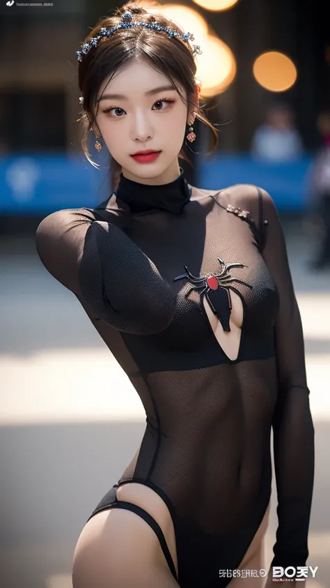 tmasterpiece,1 Chinese girl，realisticlying，8K  UHD，high high quality，in the background bokeh，Delicate headdress, spider-man suit，Spidey，Clothes wrap around the whole body，Tight clothing，Abs contour，Short black hair，s the perfect face，shining face，Ultra-cle...