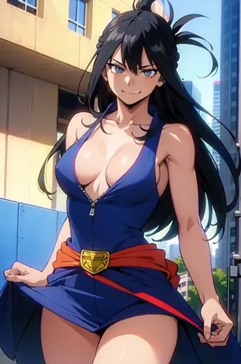 (masterpiece, best quality:1.4), cinematic light, colorful, high contrast, (1girl), NanaShimura, boku no hero academia, black hair, long hair, [folded ponytail:0.5], (large breasts), blue eyes, sleeveles, hair between eyes, belt, city, smirk, clothes off, ...