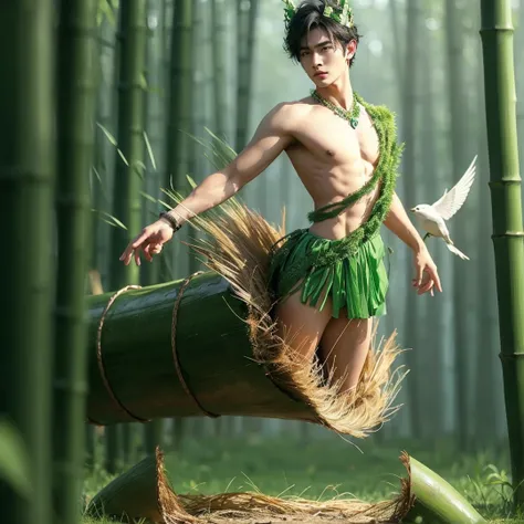 Handsome boy, black hair, brown eyes, wearing green grass crown wearing green grass loin cloth, green bamboo