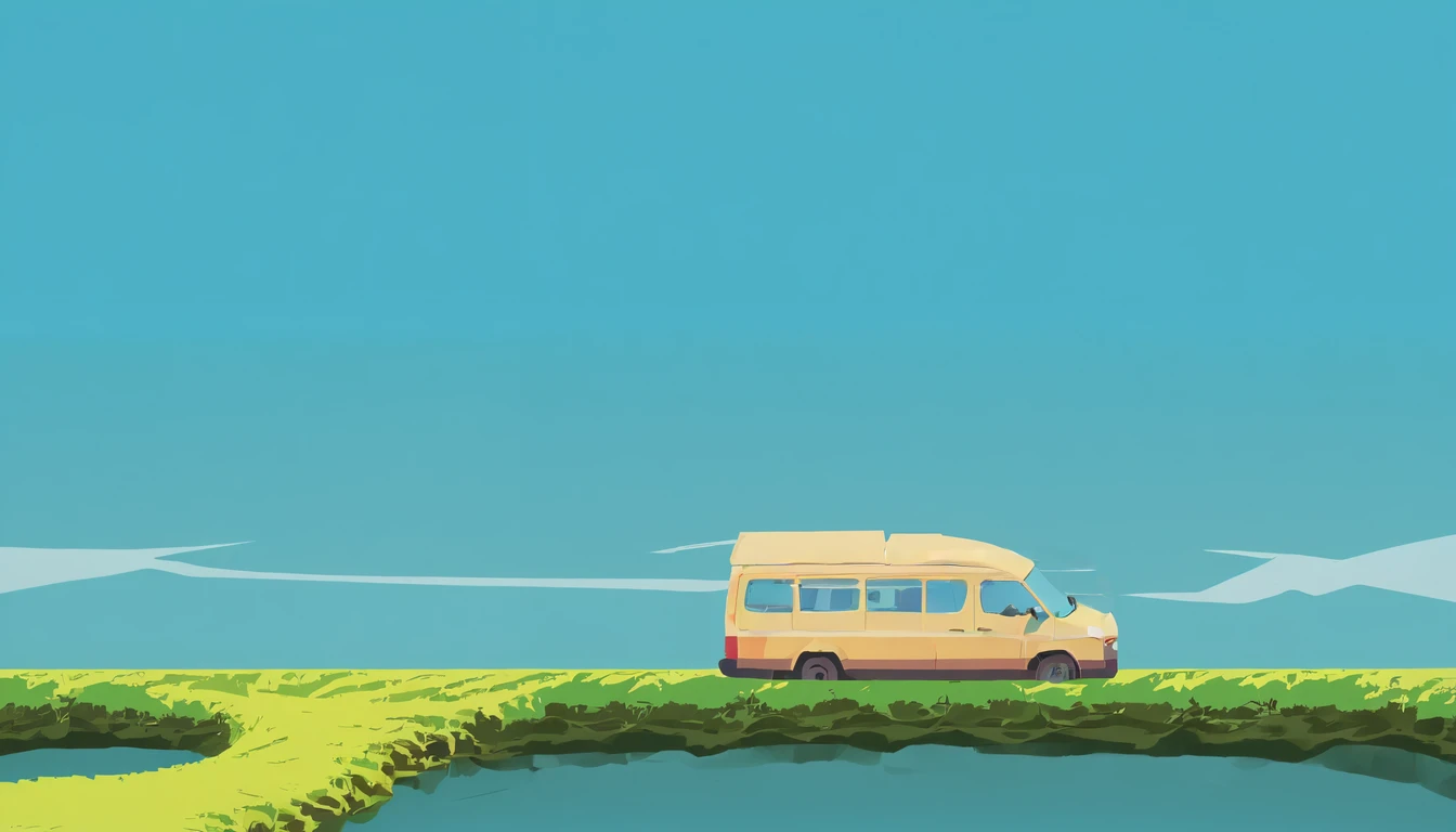 (Minimalism:1.4), A minibus on the road, Studio Ghibli Art, Miyazaki, Pasture with blue sky and white clouds 