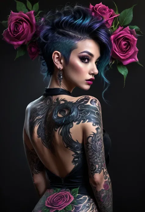 (best quality, 4k, 8K, high resolution, masterpiece: 1.2), ultra detailed: 1.4, back of a beautiful punk woman with a black dragon tattoo with roses, perfect body, mohawk hair:1,3 (photorealistic , intricate details: 1.37), highly detailed face, extremely ...