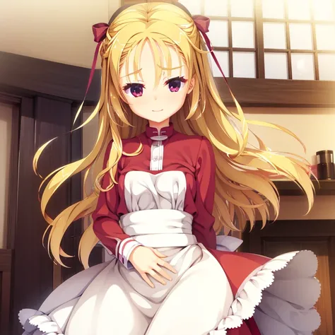 A small girl, seductive, ((forehead to show)), attractive, sexy eyes, red coat, blonde hair, delicate, young, long hair, detailed face, high definition, full body, maid, cute smile, cafe, hands behind back