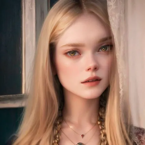 a closeup of a woman with long blonde hair and a necklace, Elle Fanning), Elle Fanning, young nicole kidman, portrait of Elle Fanning, tejido samara, samara vampire fabric, Elle Fanning as an android, gorgeous female samara fabric, Elle Fanning at night, s...