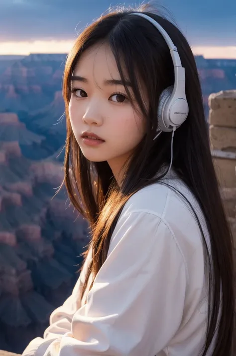 beautiful girl　headphone　Moonlit Night　cloud　Grand Canyon　