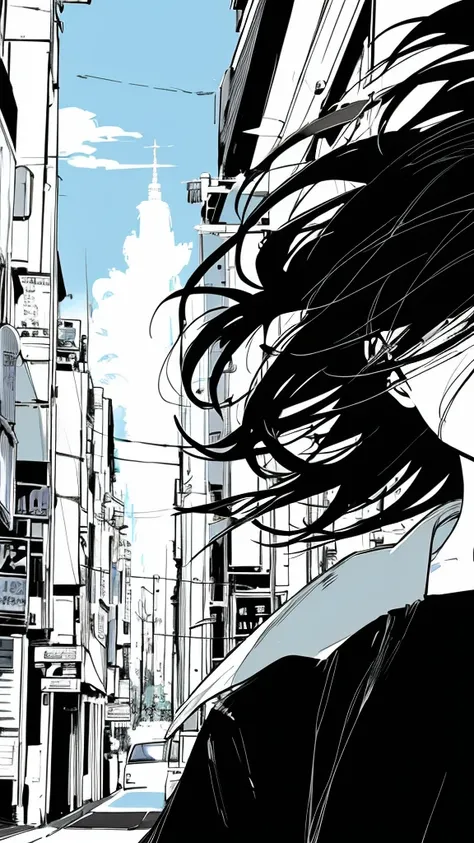 monochrome color, Blue Art, grayscales、​masterpiece、top-quality、Top image quality、straight haired、Hanging eyes、kawaii、A darK-haired、blue eyes、the wind、Buildings,Tokyo