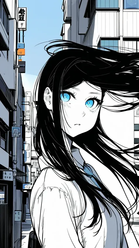 monochrome color, Blue Art, grayscales、​masterpiece、top-quality、Top image quality、straight haired、Hanging eyes、kawaii、A darK-haired、blue eyes、the wind、Buildings,Tokyo