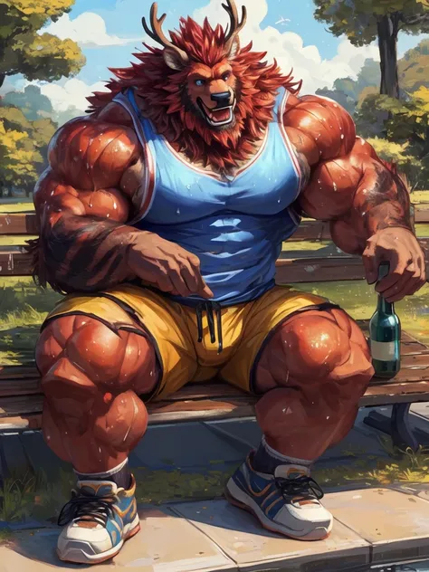 semirealistic:1.3, zoroj, lucusold, a man with a huge muscle, furry deer wearing shorts and tank top, shoes, mineral water, bottle, sweat, brown furr, sitting in bench, park, ((muscular, sixpack)), happy, laugh, bearded , thicc, lowres, giant and muscular,...