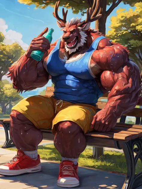 semirealistic:1.3, zoroj, lucusold, a man with a huge muscle, furry deer wearing shorts and tank top, shoes, mineral water, bottle, sweat, brown furr, sitting in bench, park, ((muscular, sixpack)), happy, laugh, bearded , thicc, lowres, giant and muscular,...