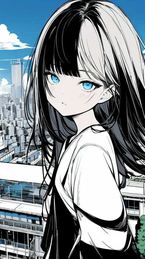 monochrome color, Blue Art, grayscales、​masterpiece、top-quality、Top image quality、straight haired、Hanging eyes、kawaii、A darK-haired、blue eyes、the wind、Buildings,Tokyo