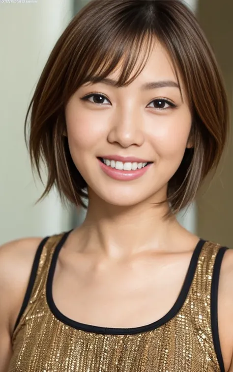 gyaru, shiny oiled skin, short cut hair, face close up, smiling