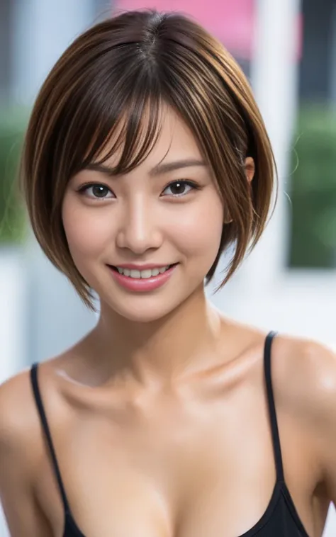 gyaru, shiny oiled skin, short cut hair, face close up, smiling