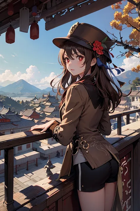 1 girl solo, brown jacket, long brown hair, red eyes, brown hat with red flowers, in a small medieval chinese town, old chinese ...