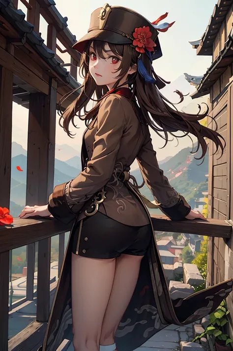 1 girl solo, brown jacket, long brown hair, red eyes, brown hat with red flowers, in a small medieval chinese town, old chinese buildings, mountains far on background, chinese temple