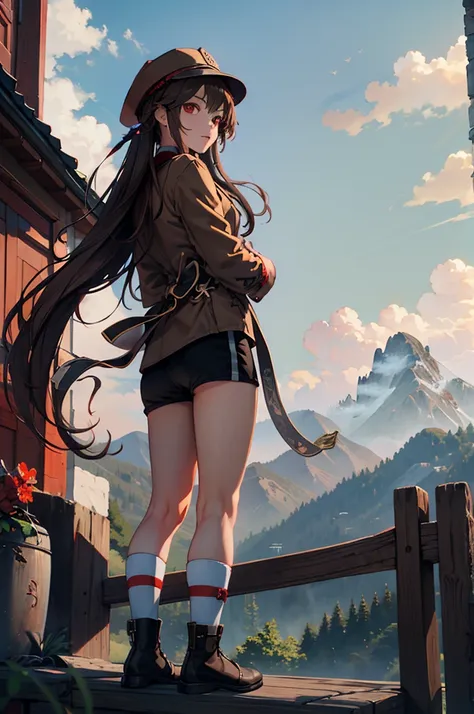 1 girl solo, brown jacket, long brown hair, red eyes, brown hat with red flowers, in a small medieval chinese town, old chinese buildings, mountains far on background, chinese temple