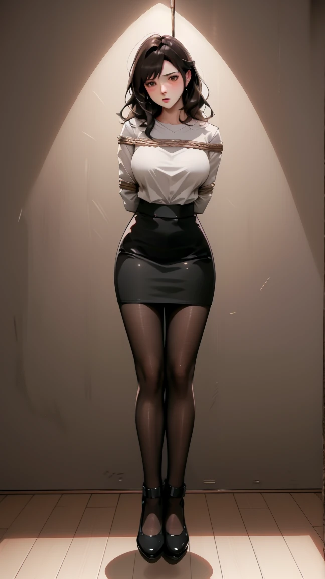 woman, ((Masterpiece, best quality)), full body view, huge breasts, detailed skin,tight blouse, short pencil skirt ,black pantyhose, highly detailed, cinematic lighting, ultra realistic, blush, looking at viewer, full body, full body in frame,arms behind b...