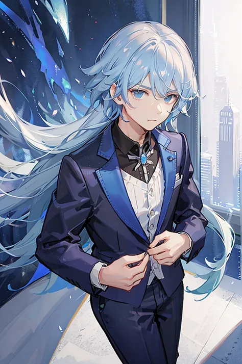 A small boy with light blue hair holding blue energy in both hands