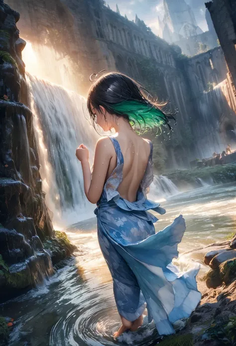 (background the Ruins of Fountains Abbey, blue theme):1.21, (detailed line art, watercolor painting, aesthetic art, light tone):1.3, (masterpiece, photo_real, official art, octane-render):1.4, 
(1 cherubic face girl), magnificent view, whole surface waterf...