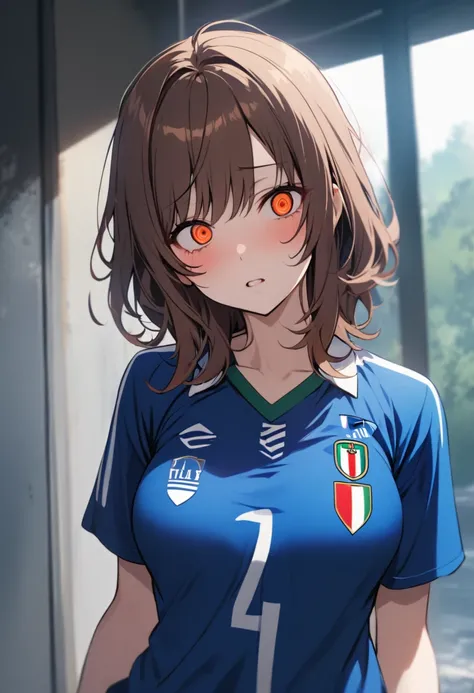 girl, beautiful, brown hair, orange eyes, breasts, italy soccer shirt, blue shirt, red bow on hair, yandere, medium hair