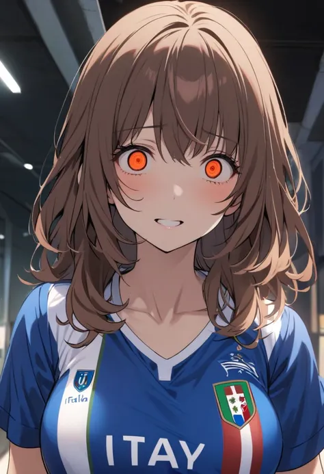 girl, beautiful, brown hair, orange eyes, breasts, italy soccer shirt, blue shirt, red bow on hair, yandere, medium hair