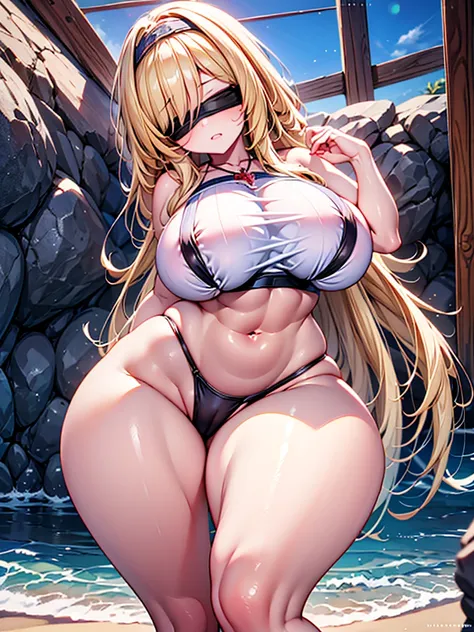 Highest quality, masterpiece, One girl, (alone:1.1), Ray Tracing, Super detailed,Detailed face, Wide Hips, Ahegao, One girl, Blonde, Large Breasts, Long Hair, Swimwear, Black blindfold, Already at the beach、finished,