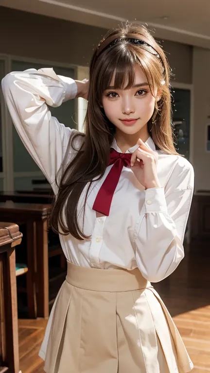 (Very delicate and beautiful: 1.2), 1 Girl, Robber Girl, bangs, Cute eyes, bow, Brown Hair, Mouth closed, landscape, Hair between the eyes, hair bow, Long sleeve, Looking at the audience, Medium Hair, alone, Upper Body, Short school uniform: 1.3, ((alone))...