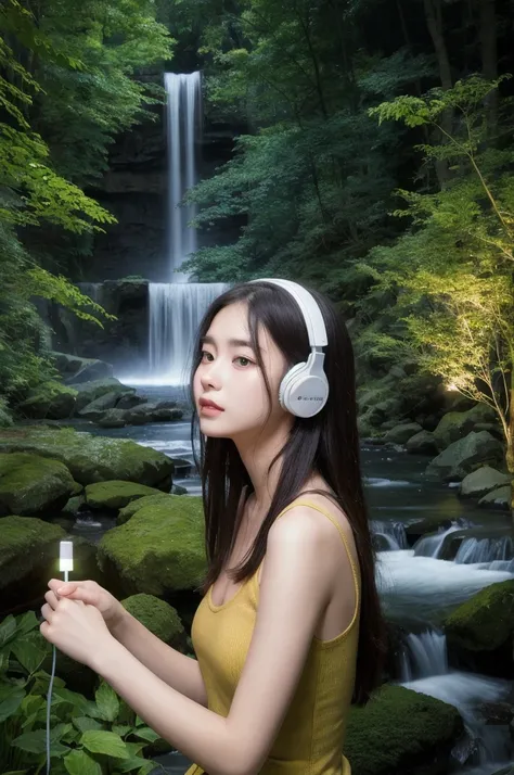 beautiful girl　headphone　Moonlit Night　forest　waterfall