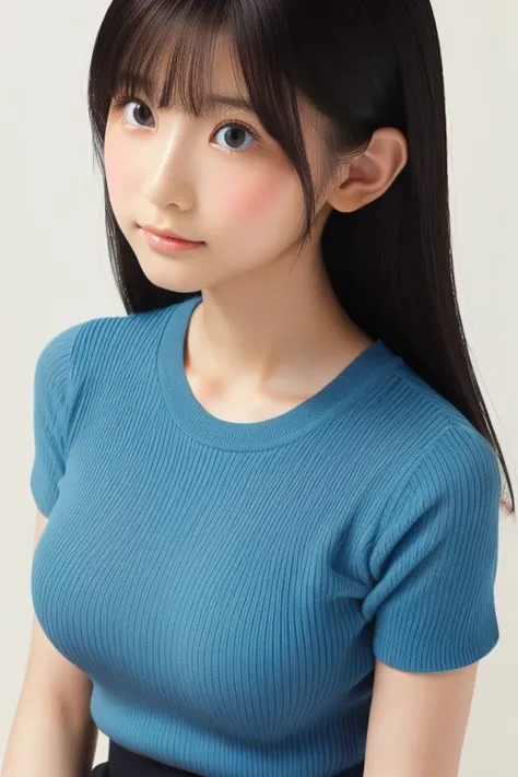 Very young Japanese,Light blue short sleeve ribbed knit,big breasts,Black Hair,Long Hair,Soft lips,Fine skin,(Glowing Skin),(masterpiece:1.4),(Highest quality:1.4),white background,medium close-up shot,straight-on,looking away