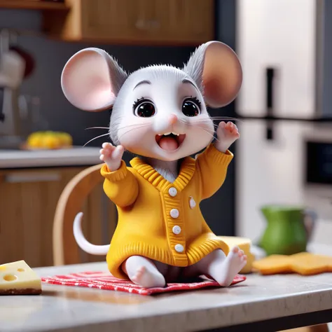 a hyperrealistic full body of a cute and adorable small cartoon character anthropomorphic mouse baby, sweater,first prominent to...