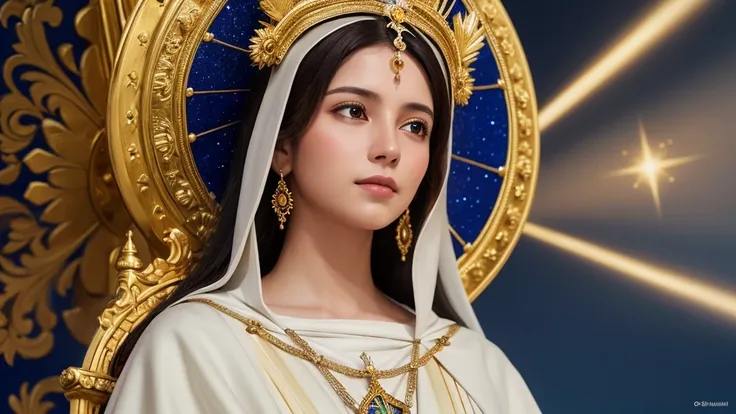 "Create an image of Our Lady of Aparecida, patron saint of Brazil, in a realistic style, with a serene and welcoming expression. She should be dressed in a blue and gold mantle, decorated with stars and detailed embroidery. The image should have a golden c...