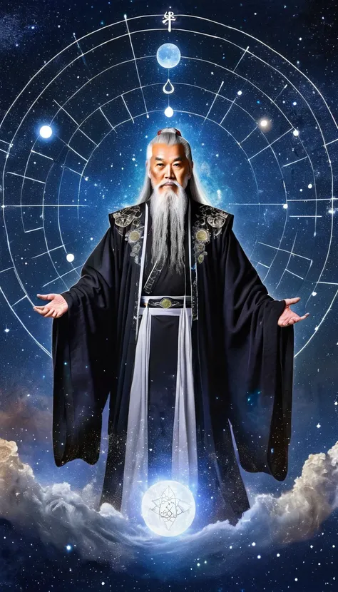 Oriental Fortune Teller，The old immortal on the top of the stars，Elders，White beard and long white eyebrows，Black loose hanfu robe，Looking at the stars，Galaxy Tai Chi Bagua Diagram，artistic conception，large quantities of，Runes，发光Runes和星星，Dark background
